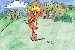 Size: 276x183 | Tagged: safe, artist:spongefox, derpibooru import, applejack, alien, earth pony, pony, apple, apple tree, bedroom eyes, boots, cloud, crossover, hat, shoes, solo, tree, wander over yonder