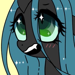 Size: 399x399 | Tagged: safe, artist:tomizawa96, derpibooru import, queen chrysalis, changeling, changeling queen, blushing, bust, fangs, female, portrait, solo, wingding eyes