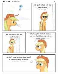 Size: 1385x1792 | Tagged: safe, artist:short tale, derpibooru import, applejack, rainbow dash, earth pony, pegasus, pony, comic:aj+rd, appledash, female, lesbian, nervous, panic, romance, shipping, worry