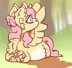 Size: 400x374 | Tagged: safe, artist:shyhandart, derpibooru import, fluttershy, pegasus, pony, cheek fluff, chest fluff, cloven hooves, crossed hooves, cute, fluffy, hoof fluff, looking away, looking back, lying down, no pupils, prone, shyabetes, solo