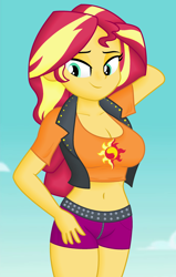 Size: 910x1430 | Tagged: safe, derpibooru import, edit, edited screencap, editor:ah96, screencap, sunset shimmer, better together, equestria girls, forgotten friendship, arm behind head, belly button, big breasts, breast edit, breasts, cleavage, clothes, cropped, female, lidded eyes, midriff, shading, solo, sunset jiggler, vest