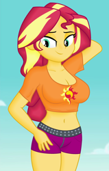 Size: 910x1430 | Tagged: safe, derpibooru import, edit, edited screencap, editor:ah96, screencap, sunset shimmer, better together, equestria girls, forgotten friendship, arm behind head, belly button, big breasts, breast edit, breasts, cleavage, cropped, female, lidded eyes, midriff, sexy, shading, solo, sunset jiggler, thighs