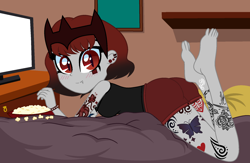 Size: 1832x1193 | Tagged: safe, artist:arshe12, derpibooru import, oc, oc only, oc:danger doodle, equestria girls, barefoot, bed, blanket, blushing, bowl, butt, choker, clothes, commission, crown, ear piercing, earring, eating, equestria girls-ified, feet, female, food, jacket, jewelry, leather jacket, piercing, pillow, popcorn, regalia, shorts, sleeveless, solo, spiked choker, spiked wristband, tattoo, television, the pose, wristband, ych result