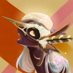 Size: 3507x3507 | Tagged: safe, artist:kiwwsplash, derpibooru import, oc, oc only, earth pony, pony, abstract background, bust, earth pony oc, feathered hat, open mouth, solo