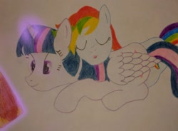 Size: 2175x1604 | Tagged: safe, derpibooru import, rainbow dash, twilight sparkle, twilight sparkle (alicorn), alicorn, pegasus, pony, cuddling, female, glowing horn, horn, lesbian, photo, reading, shipping, sleeping, twidash