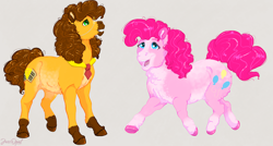 Size: 3960x2128 | Tagged: safe, artist:jessopal, derpibooru import, cheese sandwich, pinkie pie, earth pony, pony, alternate design, cheesepie, female, fluffy, jewelry, male, monocle, necklace, shipping, simple background, straight