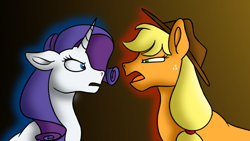 Size: 1280x720 | Tagged: safe, artist:bellbell123, derpibooru import, applejack, rarity, earth pony, pony, unicorn, angry, applejack's hat, brown background, cowboy hat, duo, female, fight, freckles, hat, looking at each other, mare, open mouth, simple background