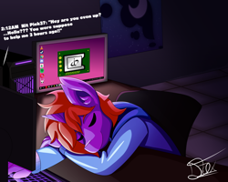 Size: 1250x1000 | Tagged: artist needed, safe, derpibooru import, oc, oc only, oc:silicone chip, anthro, unicorn, computer, ear floof, luna's cutie mark, night, sleeping, sleepy