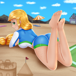 Size: 2000x2000 | Tagged: safe, alternate version, artist:focusb, derpibooru import, applejack, equestria girls, applebutt, applerack, barefoot, body freckles, breasts, butt, clothes, feet, female, freckles, hatless, human coloration, looking at you, looking back, looking back at you, missing accessory, sand, solo, stetson, swimsuit, the pose