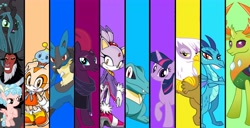 Size: 6000x3072 | Tagged: safe, artist:andoanimalia, artist:cencerberon, artist:cheezedoodle96, derpibooru import, cozy glow, gilda, lord tirek, princess ember, queen chrysalis, tempest shadow, thorax, twilight sparkle, changeling, changeling queen, pegasus, pony, blaze the cat, cream the rabbit, dragon ball super, lucario, pokémon, sonic the hedgehog (series), totodile, tournament of power, universe survival arc