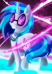 Size: 1280x1803 | Tagged: safe, artist:safizejaart, derpibooru import, dj pon-3, vinyl scratch, pony, unicorn, deviantart watermark, female, grin, looking at you, looking back, looking back at you, mare, obtrusive watermark, smiling, solo, watermark