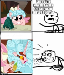 Size: 500x581 | Tagged: safe, derpibooru import, screencap, cozy glow, alicorn, human, pony, the ending of the end, alicornified, bell, bewitching bell, caption, cereal guy, chaos cozy glow, cozybetes, cozycorn, cute, female, filly, food, giant demon alicorn cozy glow, grogar's bell, image macro, meme, pineapple, race swap, spit take, stick figure, text