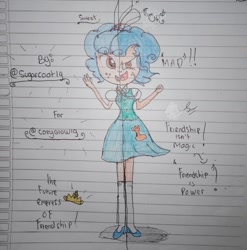 Size: 1211x1228 | Tagged: safe, artist:payshiechastityart, derpibooru import, cozy glow, equestria girls, clothes, cutie mark, cutie mark on clothes, equestria girls-ified, female, lined paper, reference sheet, skirt, solo, split screen, traditional art