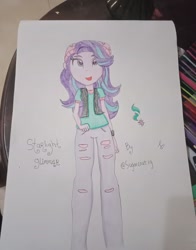 Size: 1344x1714 | Tagged: safe, artist:payshiechastityart, derpibooru import, starlight glimmer, equestria girls, beanie, clothes, female, hat, pants, solo, traditional art, vest