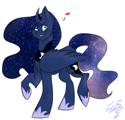 Size: 1629x1557 | Tagged: safe, artist:toptian, derpibooru import, princess luna, alicorn, pony, curved horn, ethereal mane, female, hoof shoes, horn, mare, peytral, raised hoof, signature, simple background, solo, starry mane, white background