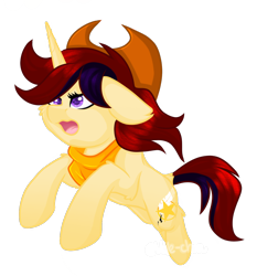 Size: 1080x1157 | Tagged: safe, artist:silentwolf-oficial, derpibooru import, oc, oc only, oc:sherrine, pony, unicorn, hat, horn, neckerchief, open mouth, running, simple background, solo, transparent background, unicorn oc