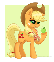 Size: 1050x1200 | Tagged: safe, artist:champion-of-namira, derpibooru import, applejack, earth pony, pony, apple, food, granny smith's scarf, hat, older, solo