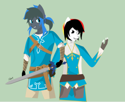 Size: 966x790 | Tagged: safe, artist:samsailz, derpibooru import, oc, oc:blaze, anthro, back to back, blue, couple, duo, fanart, lineless, link, princess zelda, side by side, smiling, sword, the legend of zelda, the legend of zelda: breath of the wild, weapon