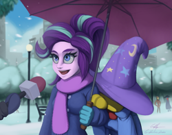 Size: 2317x1829 | Tagged: safe, artist:gabbslines, derpibooru import, starlight glimmer, trixie, equestria girls, bench, clothes, lamppost, meme, microphone, open mouth, scarf, special feeling, umbrella