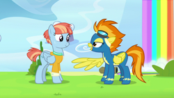 Size: 1280x720 | Tagged: safe, derpibooru import, screencap, spitfire, windy whistles, pegasus, pony, parental glideance, clothes, female, mare, rainbow waterfall, uniform, wonderbolts uniform