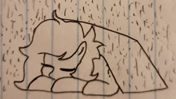 Size: 1717x966 | Tagged: safe, anonymous artist, derpibooru import, oc, oc:anon filly, pony, /mlp/, box, drawthread, female, filly, homeless, lined paper, monochrome, rain, requested art, sleeping, solo, traditional art