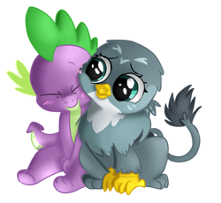 Size: 602x554 | Tagged: safe, artist:jbond, artist:tijopi, color edit, derpibooru import, edit, gabby, spike, dragon, griffon, chibi, colored, coloring, cute, eyes closed, female, gabbybetes, male, painting, shipping, simple background, snuggling, spabby, spikabetes, straight, white background