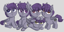 Size: 993x503 | Tagged: safe, artist:heretichesh, derpibooru import, oc, oc only, bat pony, pony, brother and sister, colt, fangs, female, filly, group, lying down, male, moon cutie mark, pentuplets, prone, siblings, sisters, sitting, sketch, smiling