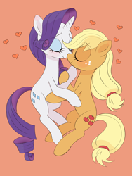 Size: 1620x2160 | Tagged: safe, artist:haibaratomoe, derpibooru import, applejack, rarity, earth pony, pony, unicorn, blushing, eyes closed, female, freckles, heart, holding hooves, lesbian, mare, missing accessory, orange background, rarijack, shipping, simple background, snuggling