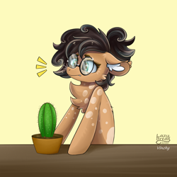 Size: 4000x4000 | Tagged: safe, artist:lazybread, derpibooru import, oc, oc only, oc:nixie tube, earth pony, cactus, chest fluff, dappled, ear fluff, female, glasses, half bat pony, solo