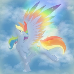 Size: 2048x2048 | Tagged: safe, artist:lunathemoongod, derpibooru import, glitter drops, rainbow dash, pegasus, pony, my little pony: pony life, cloud, colored wings, colored wingtips, female, glitterlight, glowing mane, multicolored wings, rainbow wings, sky, solo, wings