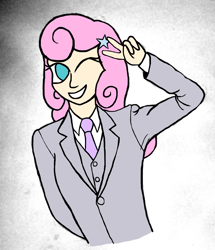 Size: 2103x2445 | Tagged: safe, artist:jesterofdestiny, derpibooru import, twinkleshine, human, clothes, digitally colored, dress shirt, humanized, necktie, one eye closed, peace sign, smiling, solo, suit, three piece suit, traditional art, wink