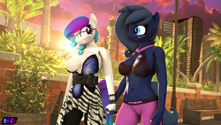 Size: 3840x2160 | Tagged: safe, artist:shadowboltsfm, derpibooru import, oc, oc:aurora starling, oc:midnight music, anthro, plantigrade anthro, 3d, 4k, belly button, bench, bracelet, breasts, clothes, cute, dawwww, dress, eyelashes, glasses, holding hands, jewelry, lens flare, midriff, palm tree, smiling, source filmmaker, sports bra, sunset, tree