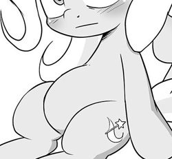 Size: 401x371 | Tagged: safe, artist:k-nattoh, derpibooru import, edit, trixie, pony, unicorn, belly, chubby, cropped, featureless crotch, monochrome, pictures of bellies, sitting, solo