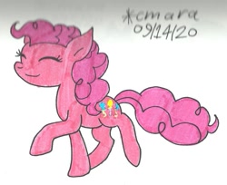 Size: 981x800 | Tagged: safe, artist:cmara, derpibooru import, pinkie pie, earth pony, pony, eyes closed, female, mare, raised hoof, raised leg, simple background, solo, traditional art, white background