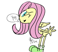 Size: 237x213 | Tagged: safe, artist:spongefox, derpibooru import, fluttershy, alien, pegasus, pony, crossover, cute, eyebrows, flutteryay, one eye closed, small wings, solo, wander over yonder, wings, wink, word balloon