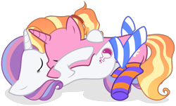 Size: 3155x1900 | Tagged: safe, alternate version, artist:unichan, derpibooru import, luster dawn, potion nova, pony, unicorn, clothes, commission, eyes closed, female, french kiss, hug, kissing, lesbian, lusternova, lying down, mare, on back, raised hoof, raised leg, shipping, simple background, sleeping, socks, striped socks, transparent background, ych result