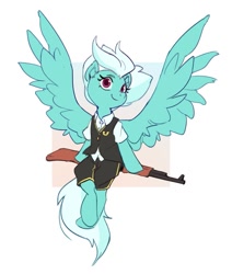 Size: 577x680 | Tagged: safe, artist:luciferamon, derpibooru import, fleetfoot, pegasus, pony, ear fluff, female, gun, mare, rifle, sitting, solo, spread wings, weapon, wings