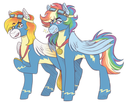 Size: 2700x2200 | Tagged: safe, artist:kikirdcz, derpibooru import, rainbow dash, oc, oc:sun up, pegasus, pony, alternate hairstyle, clothes, duo, ear fluff, ear piercing, earring, female, goggles, grin, hoof hold, jewelry, mare, medal, piercing, raised hoof, simple background, smiling, transparent background, uniform, wonderbolts, wonderbolts uniform
