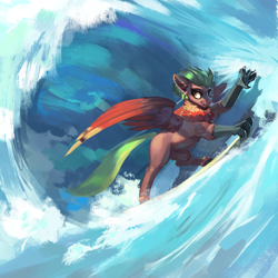 Size: 3000x3000 | Tagged: safe, artist:nsilverdraws, oc, oc only, oc:terracotta, hippogriff, claws, female, ocean, solo, surfboard, surfing, talons, water, wave, wings