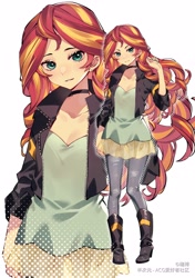 Size: 3541x5016 | Tagged: safe, artist:瑞博, sunset shimmer, equestria girls, boots, clothes, cute, jacket, jeans, leather jacket, looking at you, pants, shimmerbetes, shoes, solo