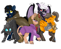 Size: 2500x2000 | Tagged: safe, artist:euspuche, derpibooru import, oc, oc only, bat pony, changeling, kirin, pegasus, unicorn, commission, group, simple background, transparent background