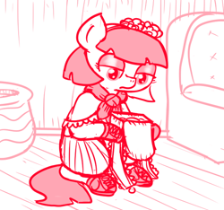 Size: 640x600 | Tagged: safe, artist:ficficponyfic, derpibooru import, part of a series, part of a set, oc, oc:mulberry telltale, bag, blank stare, boots, chair, cyoa, cyoa:madness in mournthread, eyeshadow, flower, frills, headband, jug, lidded eyes, makeup, monochrome, mystery, neckerchief, neutral, pot, shawl, shoes, sitting, story included