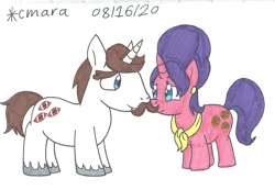 Size: 1290x894 | Tagged: safe, artist:cmara, derpibooru import, cookie crumbles, hondo flanks, pony, unicorn, facial hair, female, male, mare, moustache, simple background, stallion, traditional art, unshorn fetlocks, white background