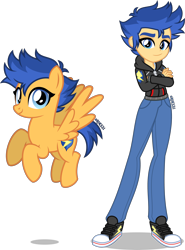 Size: 2956x4000 | Tagged: safe, artist:orin331, derpibooru import, flare warden, flash sentry, pegasus, pony, equestria girls, alternate hairstyle, clothes, converse, crossed arms, equestria guys, female, flying, hoodie, human ponidox, jeans, mare, pants, raised hoof, raised leg, rule 63, self paradox, self ponidox, shirt, shoes, simple background, smiling, smirk, sneakers, t-shirt, tomboy, transparent background