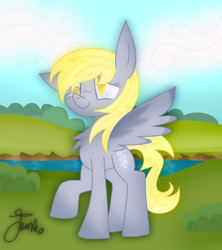 Size: 800x900 | Tagged: safe, artist:junko, derpibooru import, derpy hooves, pegasus, pony, chest fluff, cloud, cute, derpabetes, digital art, eyelashes, female, floppy ears, mare, raised hoof, signature, smiling, solo, spread wings, wings