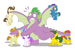 Size: 1280x845 | Tagged: safe, artist:aleximusprime, derpibooru import, pound cake, princess flurry heart, pumpkin cake, spike, oc, oc:annie smith, oc:apple chip, oc:storm streak, alicorn, dragon, earth pony, pegasus, unicorn, flurry heart's story, apple twins, bow, cake twins, covering eyes, don't look at it, fat, fat spike, freckles, offspring, older, older flurry heart, older pound cake, older pumpkin cake, older spike, parent:applejack, parent:oc:thunderhead, parent:rainbow dash, parent:tex, parents:canon x oc, parents:texjack, peaking, pigtails, shielding face, siblings, simple background, surprised, transparent background, twins, winged spike