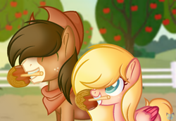 Size: 1089x750 | Tagged: safe, artist:oshisky, derpibooru import, oc, oc only, oc:boomerang bud, oc:butterfly peach, earth pony, pegasus, pony, apple, apple tree, background used, base used, caramel apple (food), cousins, cowboy hat, duo, freckles, happy, hat, mouth hold, offspring, parent:applejack, parent:big macintosh, parent:fluttershy, parent:trouble shoes, parents:fluttermac, parents:troublejack, smiling, sweet apple acres, tree