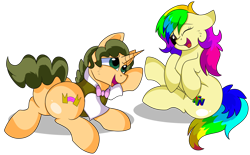 Size: 7600x4700 | Tagged: safe, artist:rainbowtashie, derpibooru import, cheese sandwich, fancypants, oc, oc:celebratory attire, oc:rainbow tashie, pony, unicorn, butt, clothes, commissioner:bigonionbean, extra thicc, female, flank, fusion, fusion:celebratory attire, male, mare, plot, rainbow tashie, simple background, stallion, transparent background, writer:bigonionbean