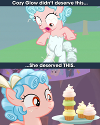 Size: 640x800 | Tagged: safe, derpibooru import, edit, screencap, cozy glow, pegasus, pony, frenemies (episode), the ending of the end, a better ending for cozy, caption, cozy glow drama, cupcake, drama, female, food, hoof hold, image macro, meme, op is a cuck, op is trying to start shit, petrification, punish the villain, punishment, series finale drama, solo, stacked, text