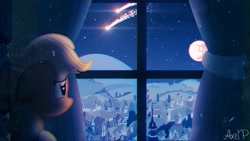 Size: 1280x720 | Tagged: safe, artist:axelp, derpibooru import, applejack, earth pony, pony, mare in the moon, moon, night, shooting star, solo, window